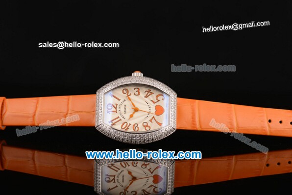 Franck Muller Heart Swiss Quartz Steel Case with Orange Leather Strap Diamond Bezel and White Dial - ETA Coating - Click Image to Close